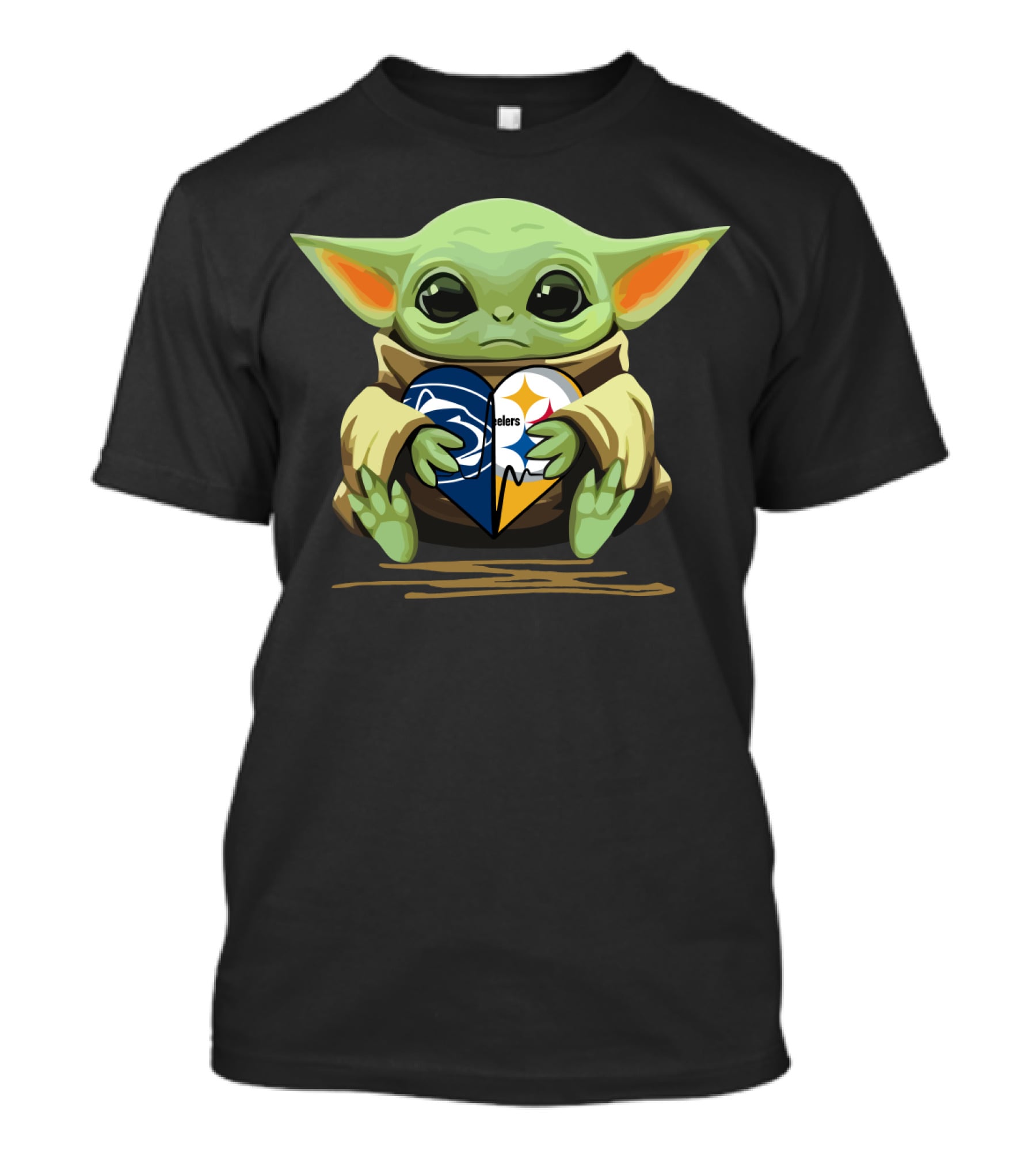 Baby Yoda Holding Steelers And Lions Heart Logo Fan Love T-Shirt