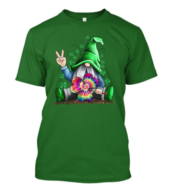 Hippie Gnome Irish With Tie-Dye Shamrock And Peace Sign T-Shirt
