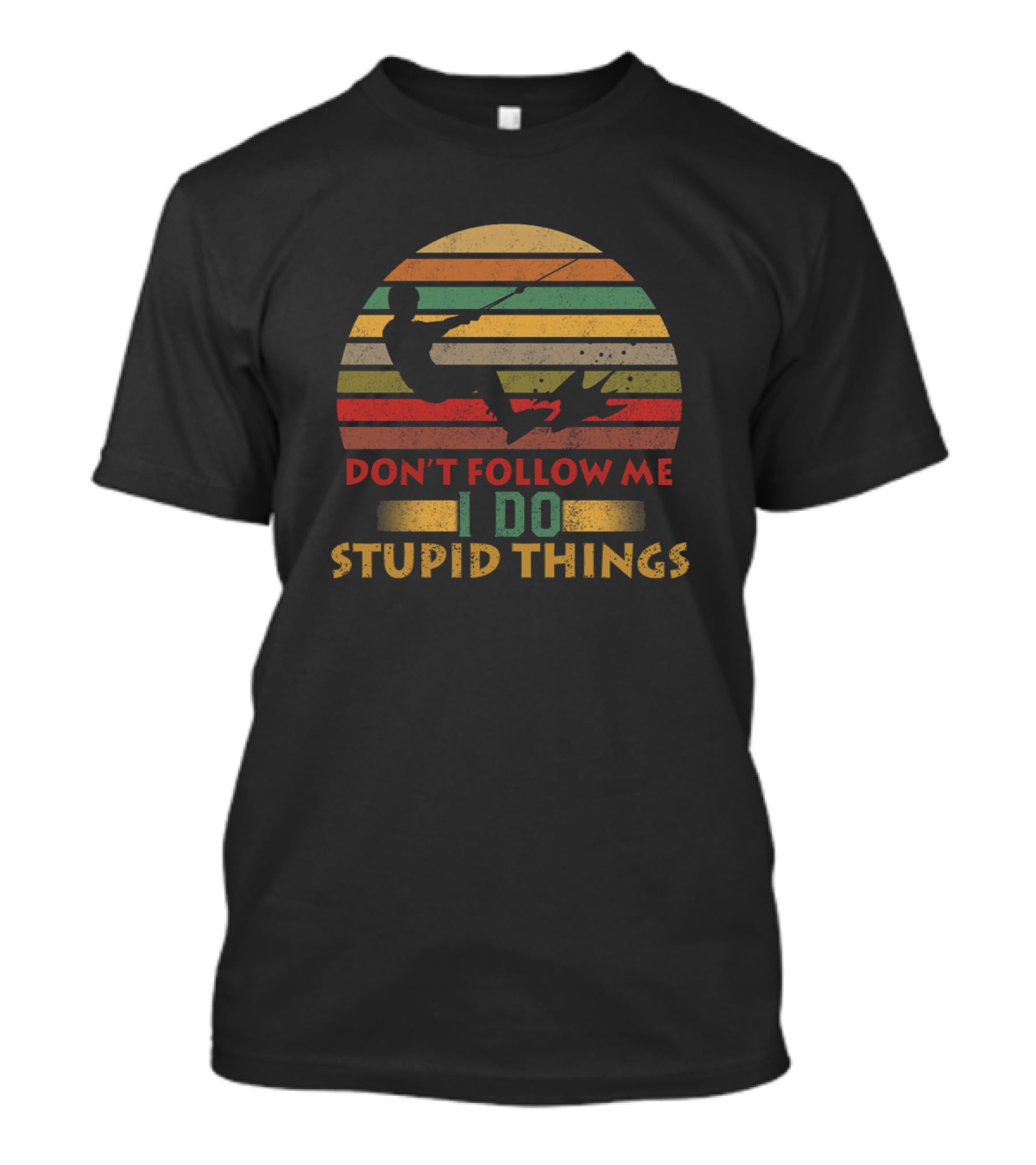 Don't Follow Me I Do Stupid Things Wakeboarding Vintage Sunset Retro Stripes T-Shirt