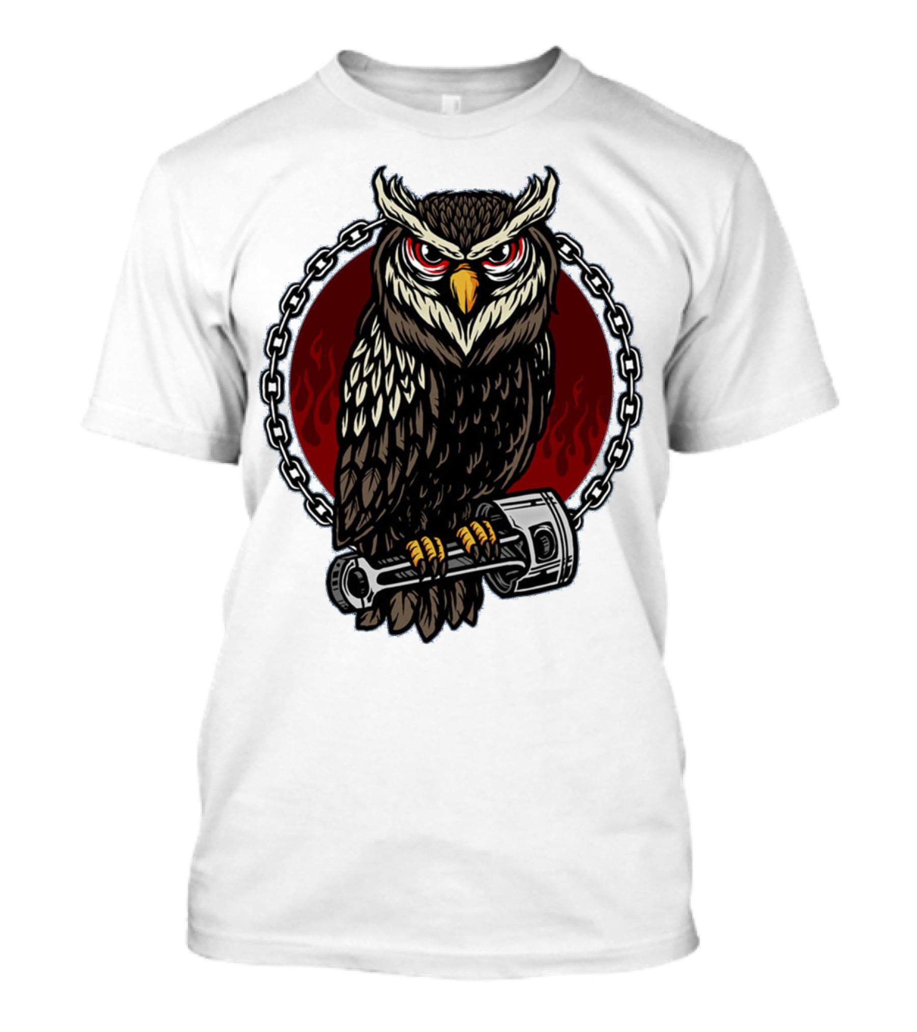 Owl And Piston Motorbike Enthusiast Chain Flame Background T-Shirt