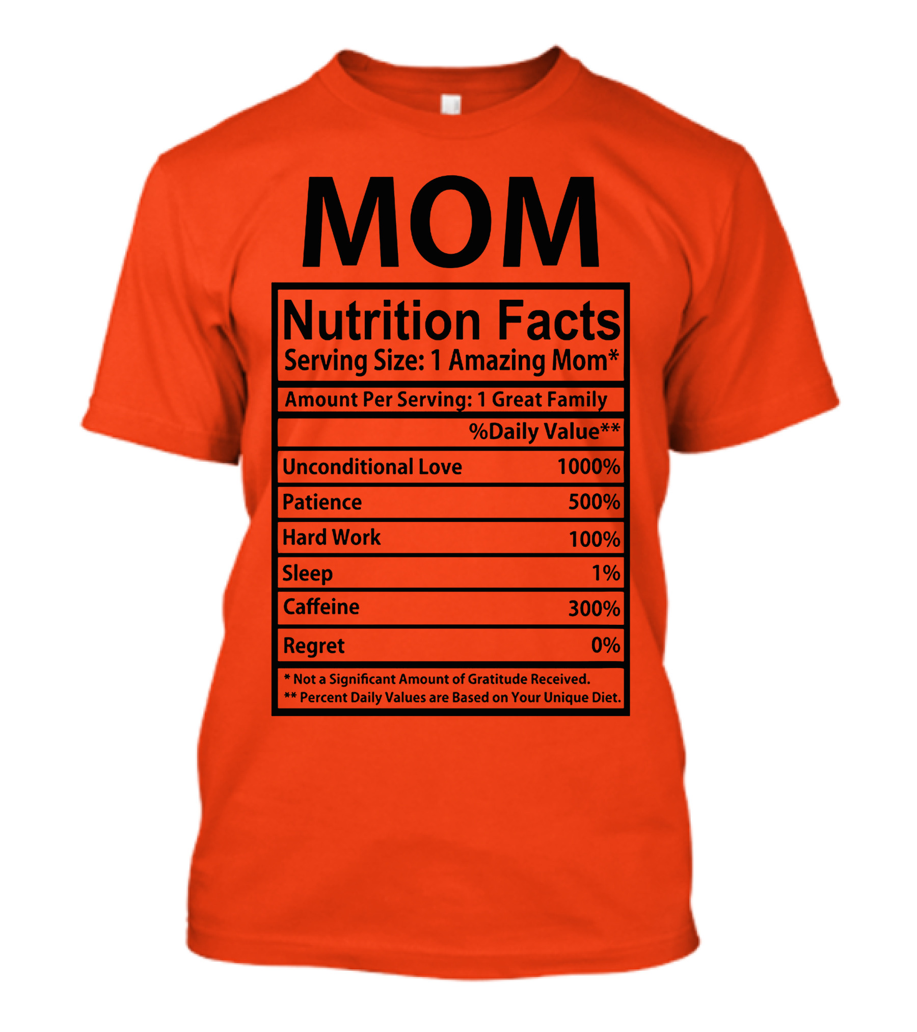 MOM Nutrition Facts Serving Size One Amazing Mom Unconditional Love Patience Hard Work Sleep Caffeine Regret T-Shirt