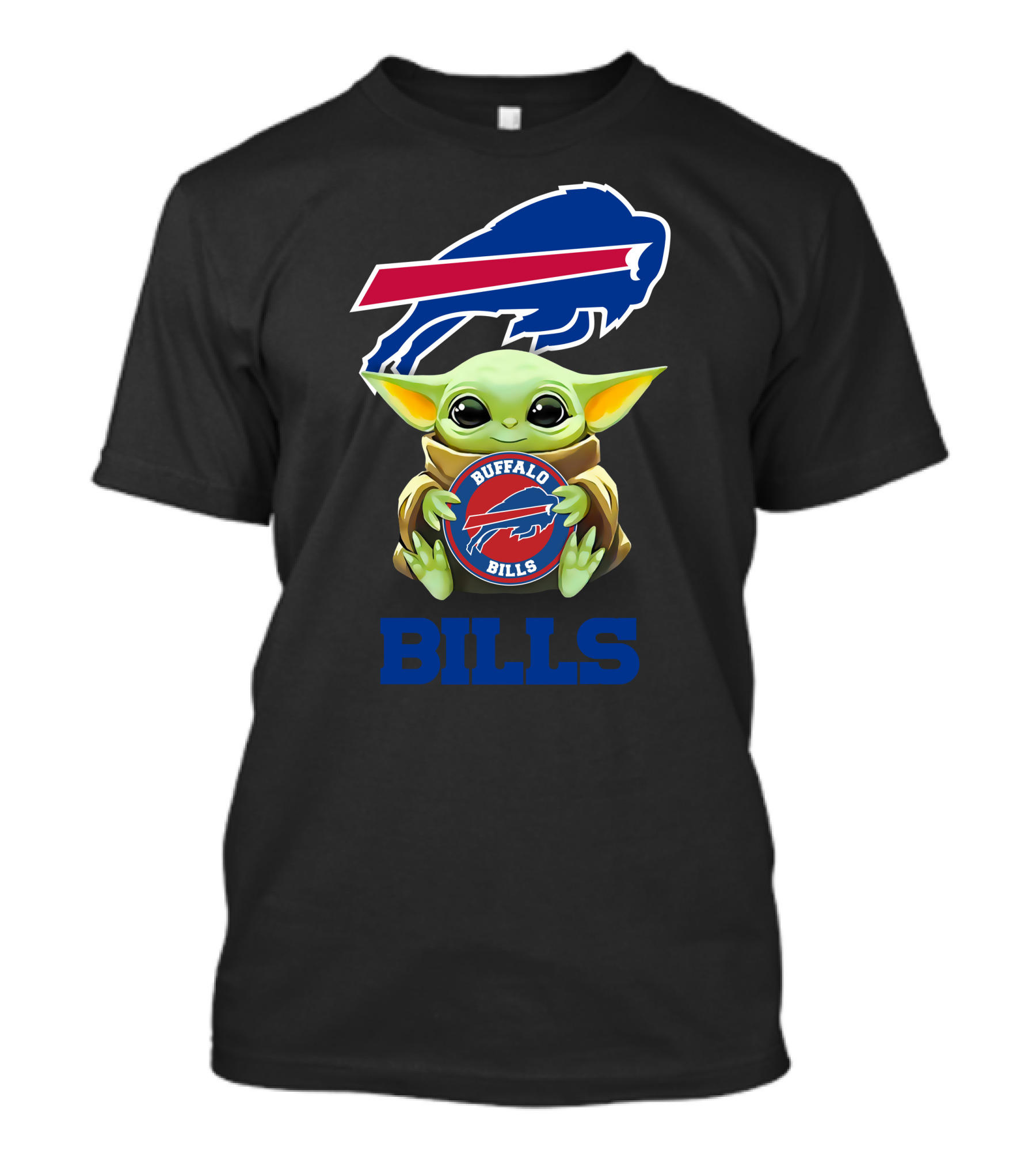Baby Yoda Holding Buffalo Bills NFL Team Emblem With Blue Bills Text T-Shirt