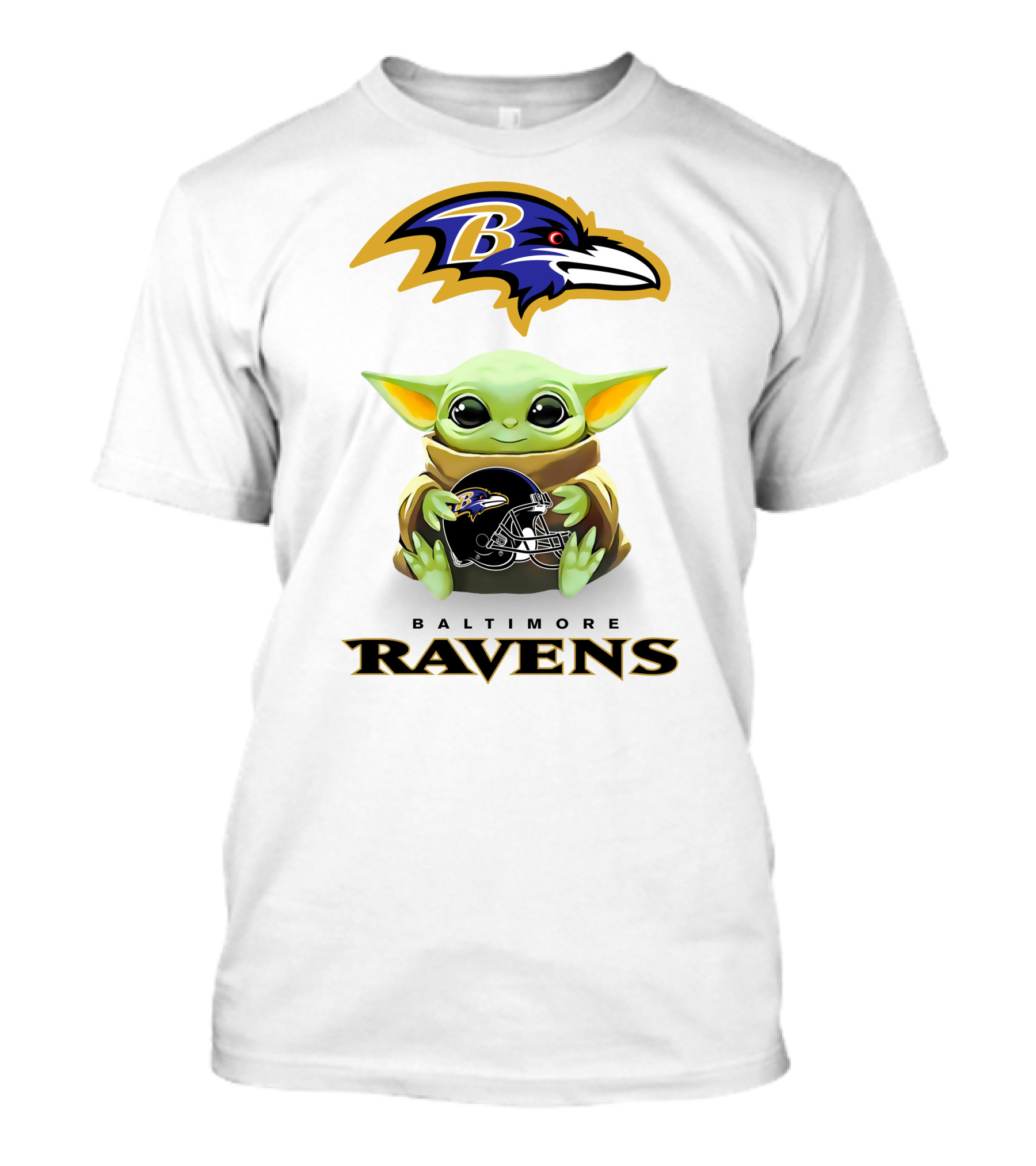 Baby Yoda Holding Baltimore Ravens Football Helmet Under Team T-Shirt