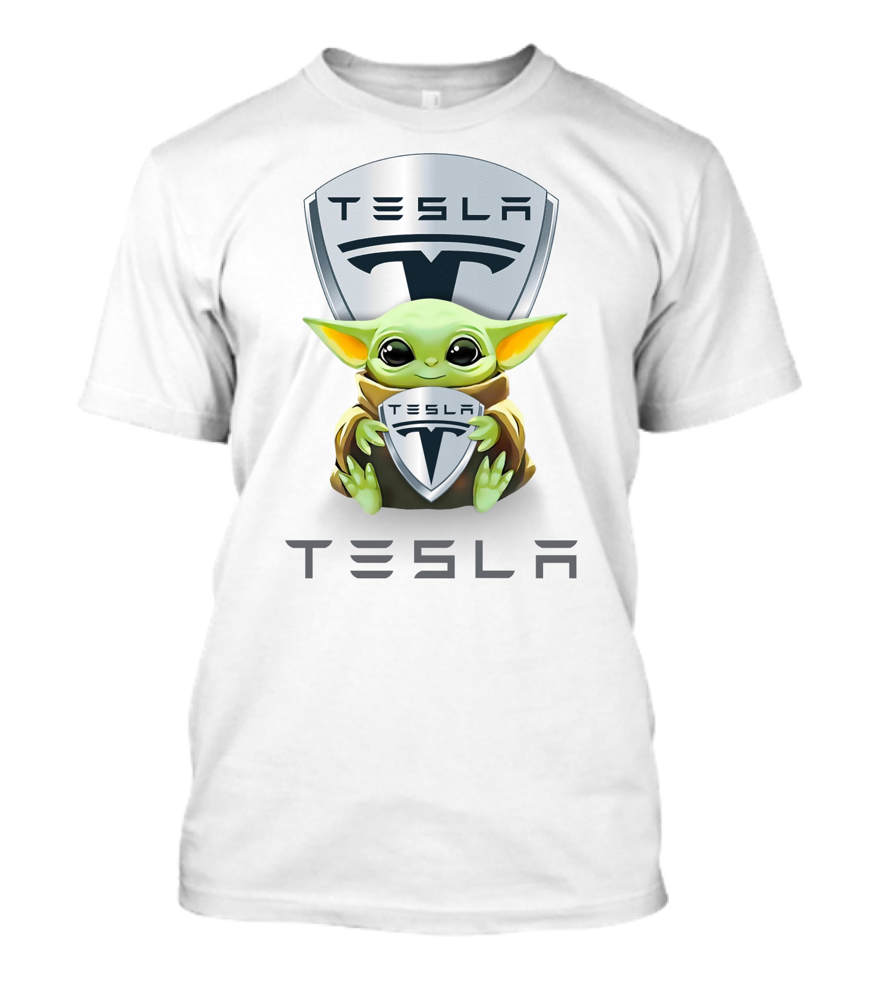 Baby Yoda Holding Tesla Shield With Tesla T-Shirt
