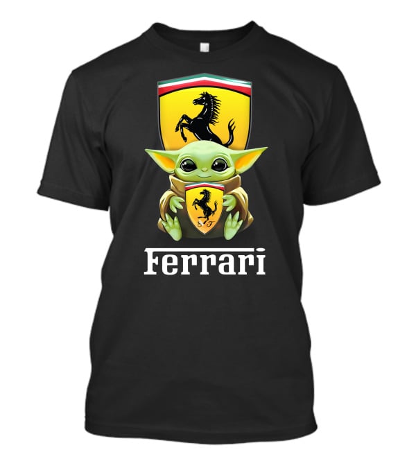Star Wars Baby Yoda Holding Ferrari Logo Black T-Shirt