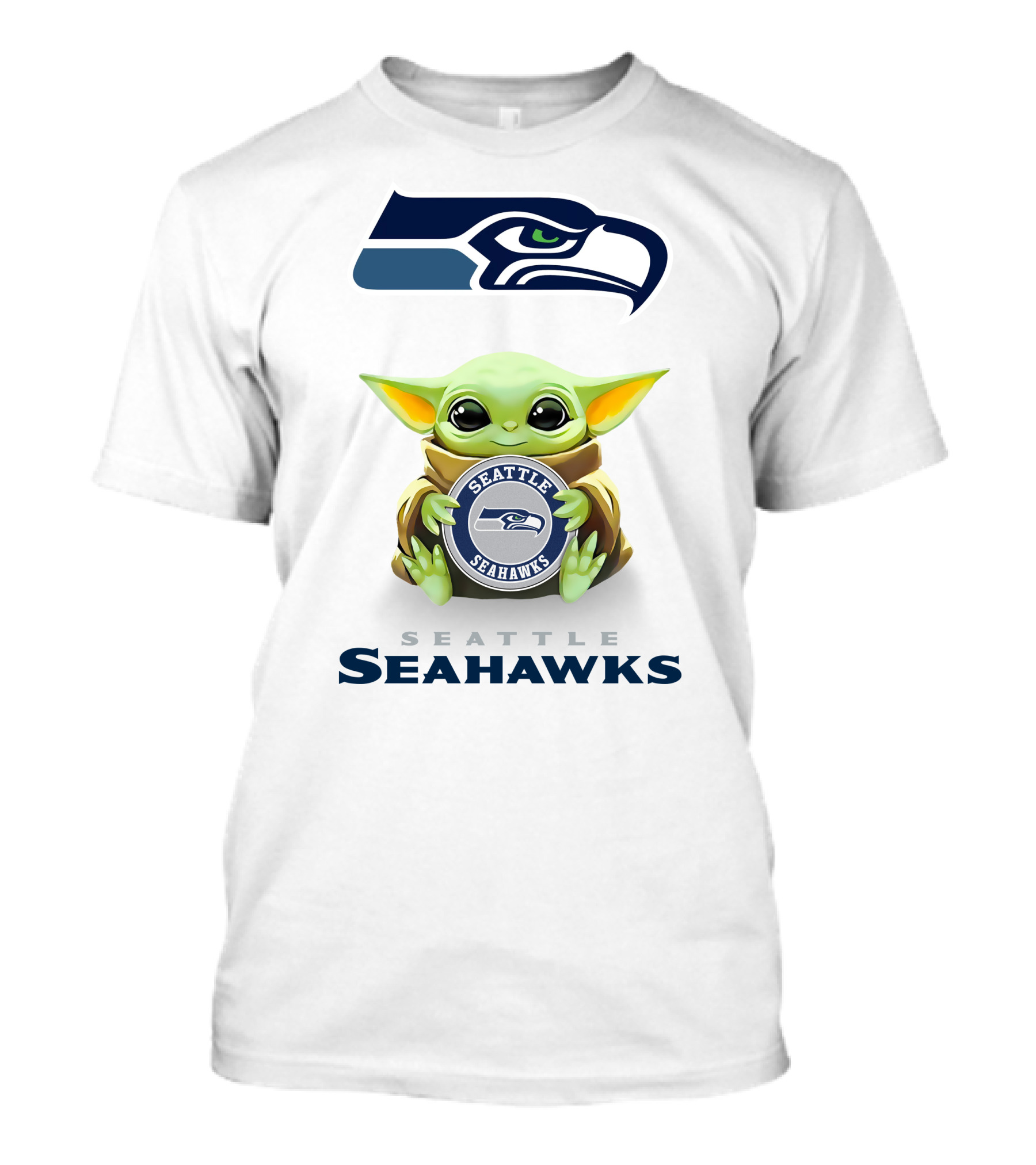 Baby Yoda Seattle Seahawks Hugging Logo With Team Name T-Shirt