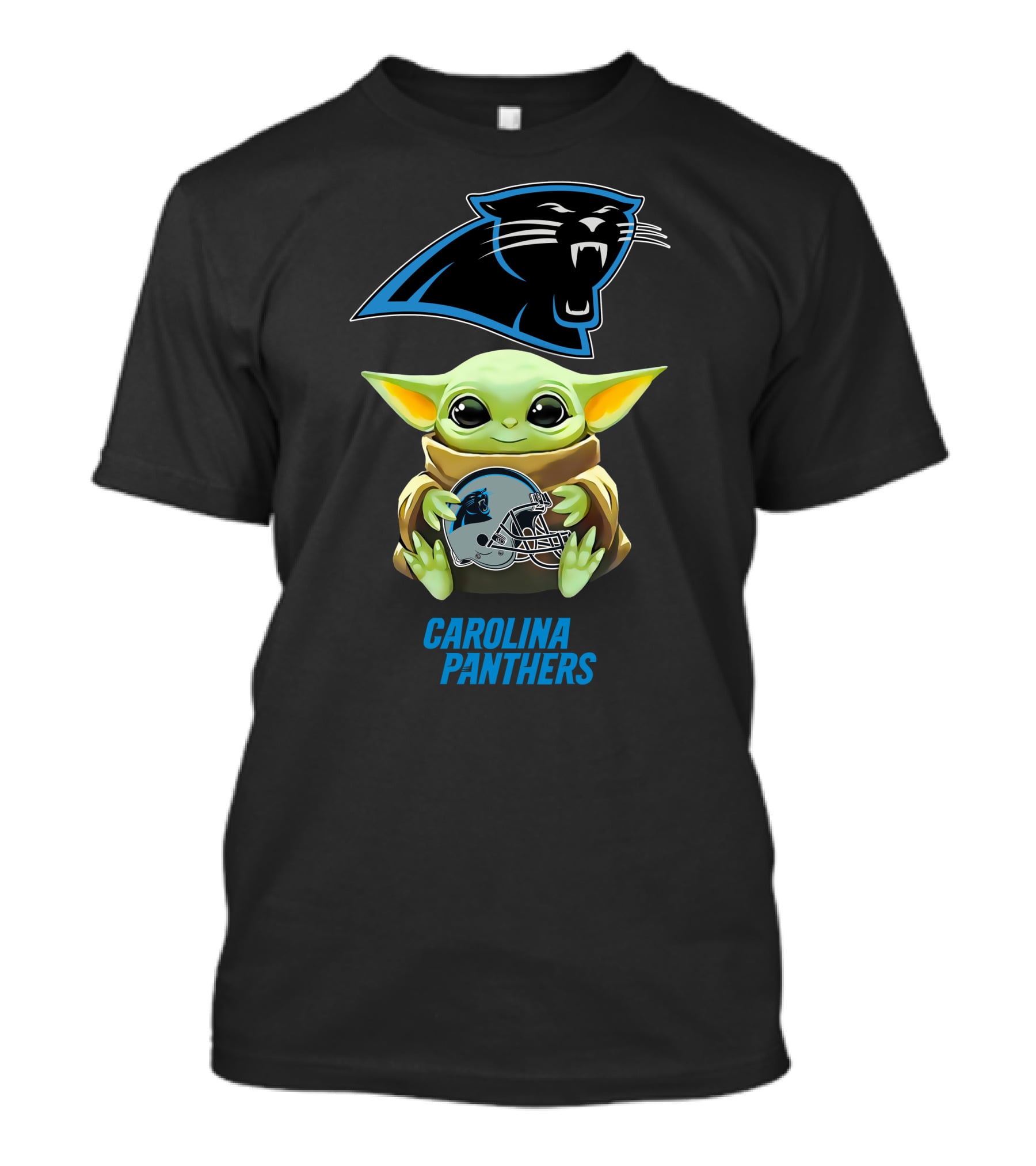 Grogu Holding Carolina Panthers Helmet With Team T-Shirt