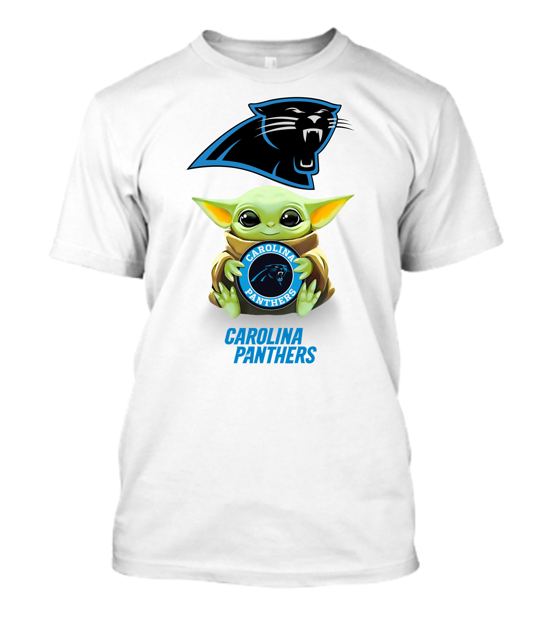 Grogu Holding Carolina Panthers Emblem With Team Logo In White T-Shirt