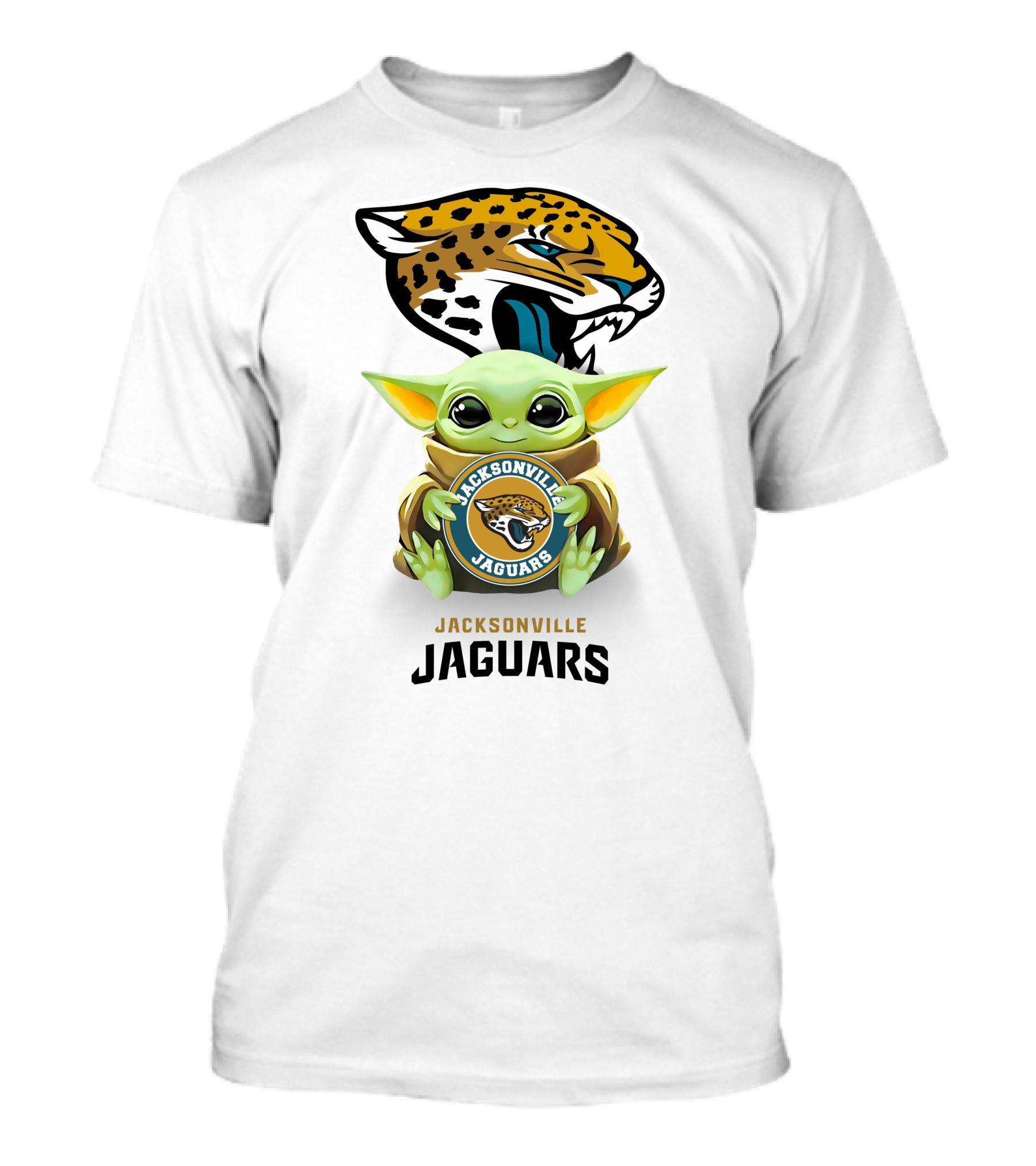 Grogu Holding Jacksonville Jaguars Badge With Mascot In Background T-Shirt