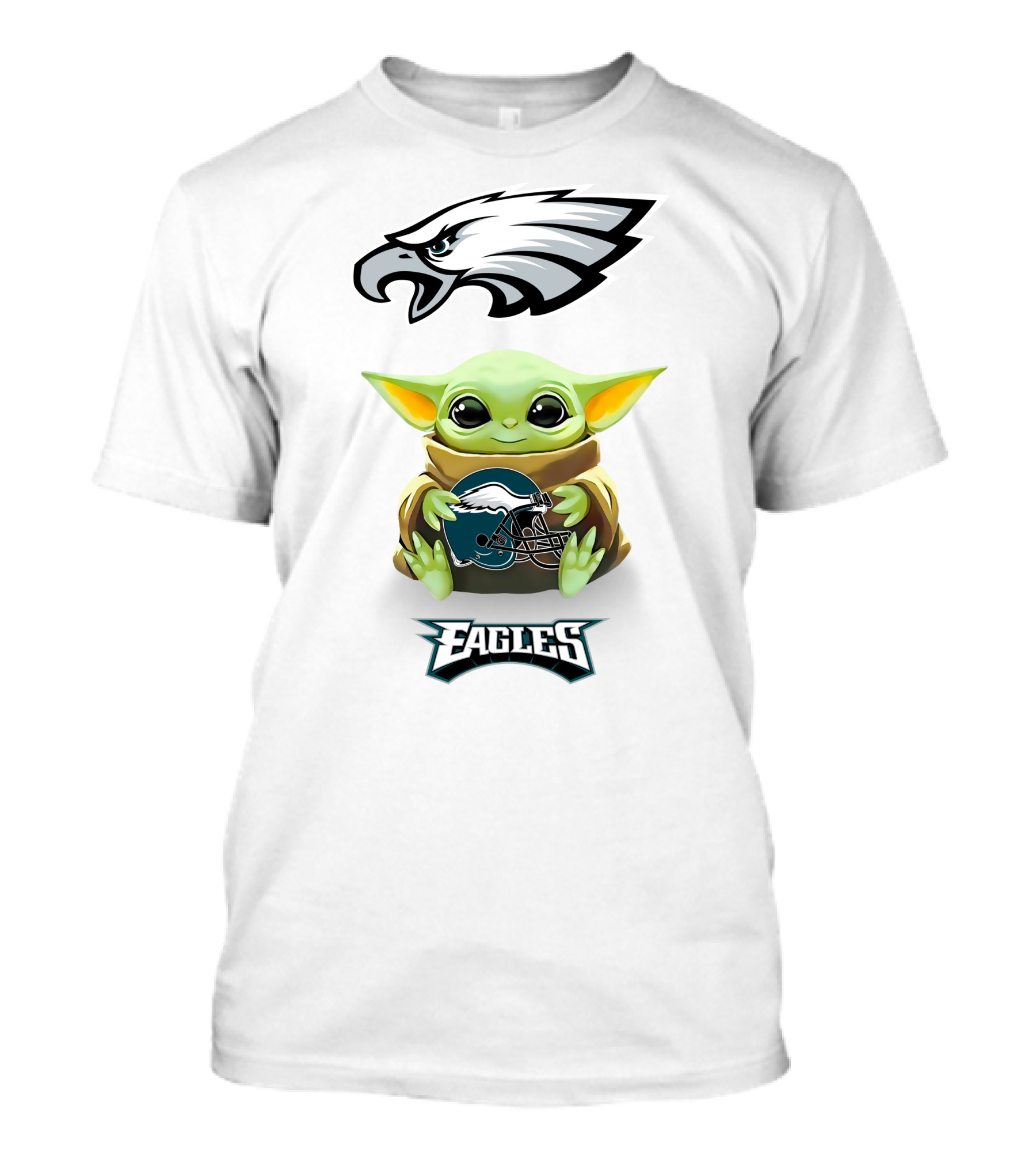 Grogu Hugging Philadelphia Eagles Helmet With Eagles T-Shirt
