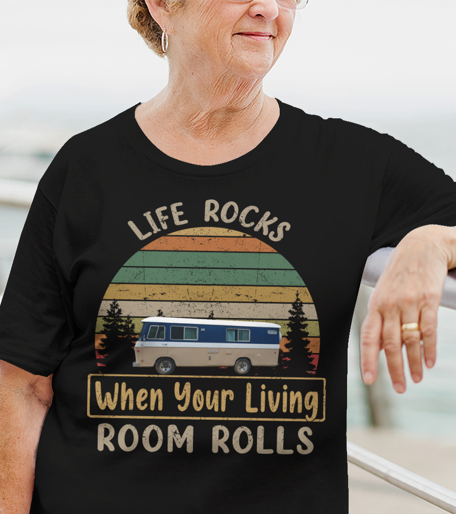 Life Rocks When Your Living Room Rolls Cascade Cortez Vintage Camper Van Retro Stripes T-Shirt