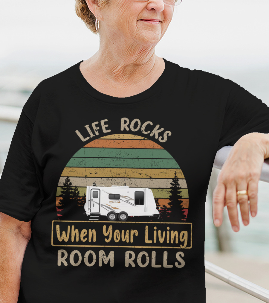 Life Rocks When Your Living Room Rolls Bigfoot RV Vintage Striped Sunset T-Shirt