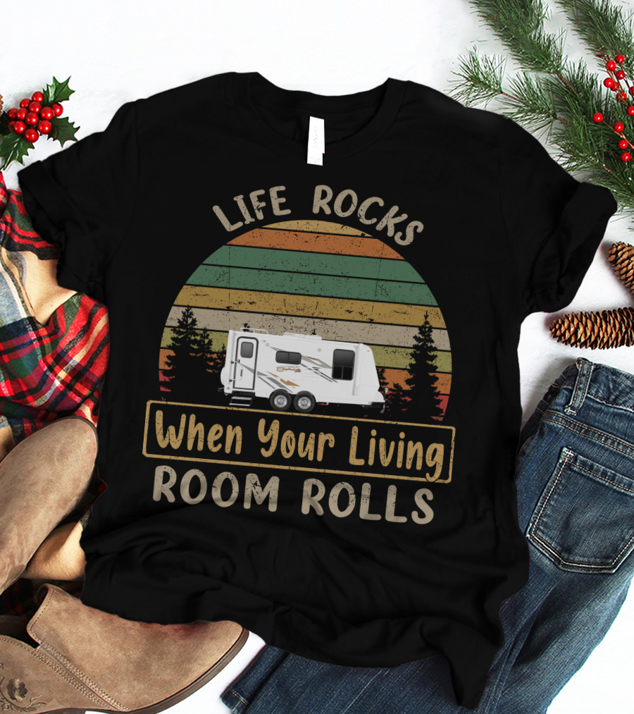 Life Rocks When Your Living Room Rolls Bigfoot RV Vintage Striped Sunset T-Shirt