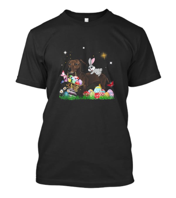 Dachshund With Easter Basket Rabbit And Colorful Eggs Under Stars T-Shirt