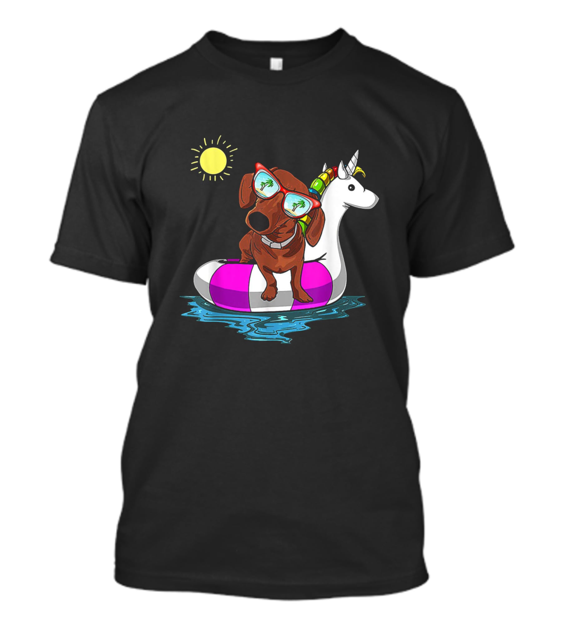 Dachshund On Unicorn Float At Summer Pool Party With Sunglasses And Sun T-Shirt