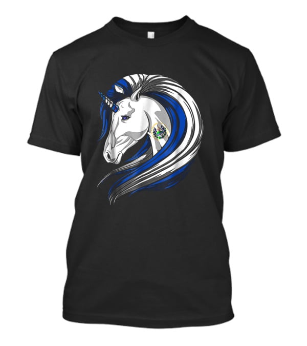 Unicorn With El Salvador Flag Colors And Salvadoran Emblem Mane T-Shirt