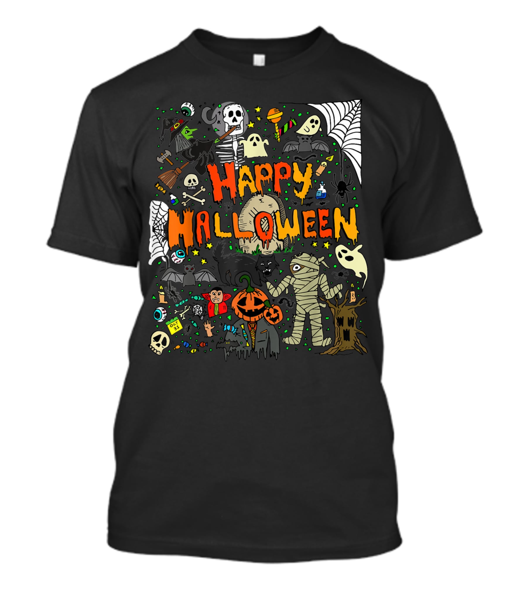 Happy Halloween Scary Mummy Ghost Witch Pumpkin Bat Skull Spiderweb T-Shirt