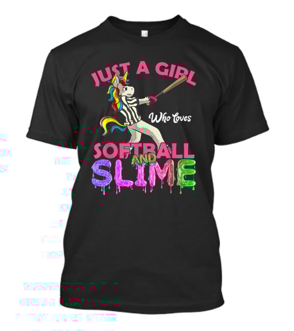 Just A Girl Who Loves Softball And Slime Unicorn With Colorful Bat-Wielding Character T-Shirt