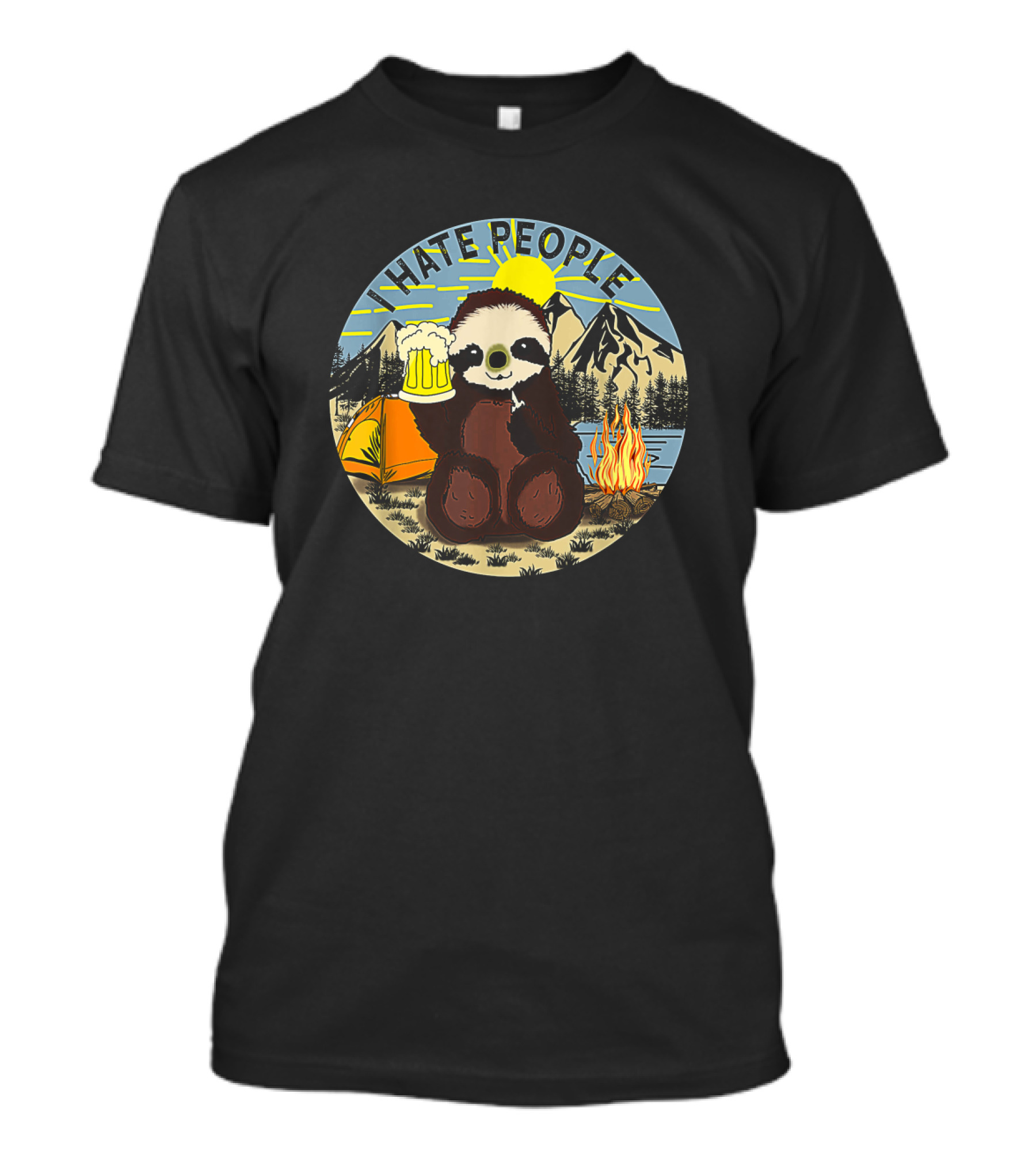 Sloth Holding Beer In Mountain Camping Scene With I Hate People Text T-Shirt