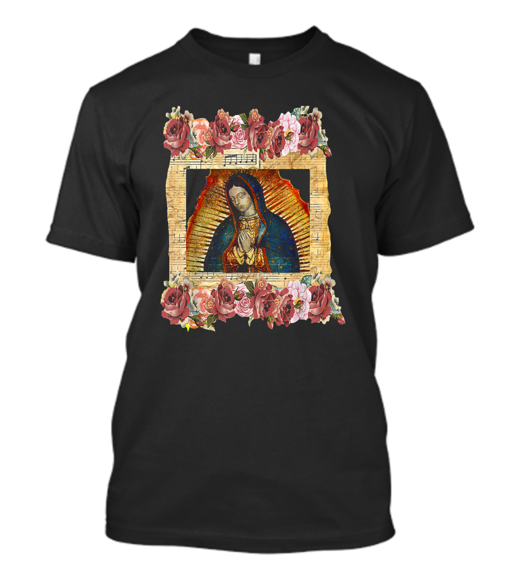 Our Lady Of Guadalupe Virgin Mary Floral Frame With Sheet Music Background Mexico T-Shirt