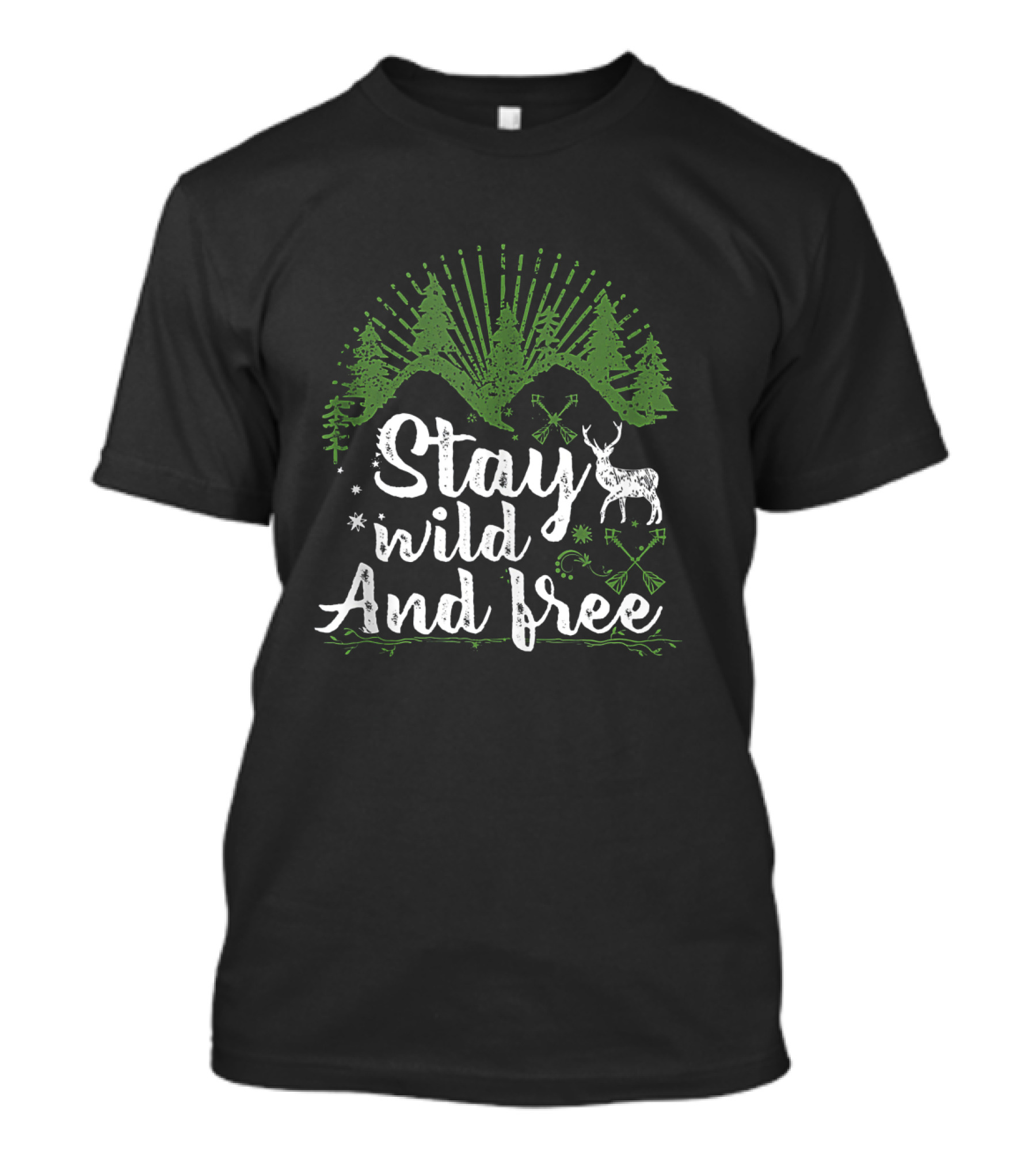 Stay Wild And Free Camp Motivational Motto With Green Mountain And Deer Forest Scene T-Shirt