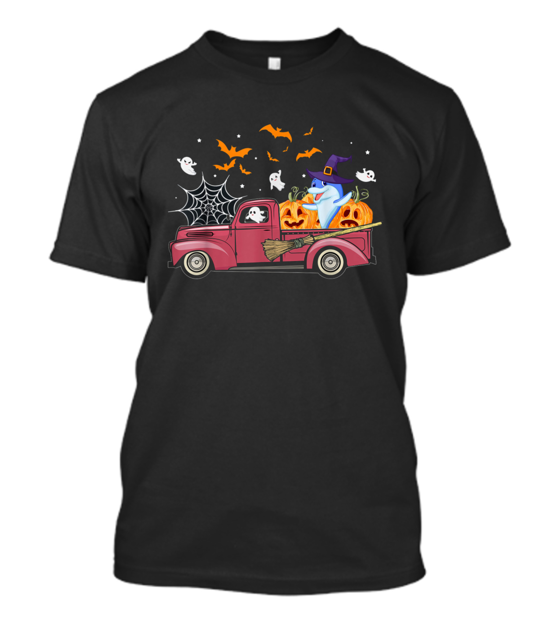 Halloween Ghost Dolphin Riding Red Truck With Pumpkins And Witch Hat T-Shirt