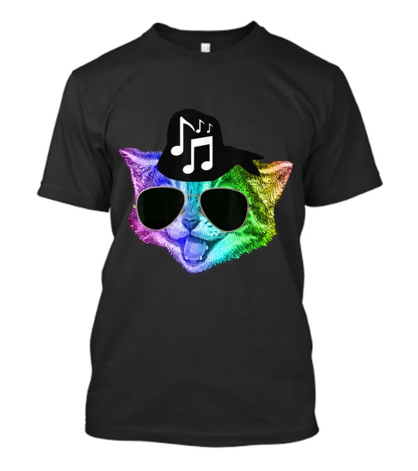 Colorful Rainbow DJ Music Kitty With Sunglasses And Hat For Feline Cat Lovers T-Shirt