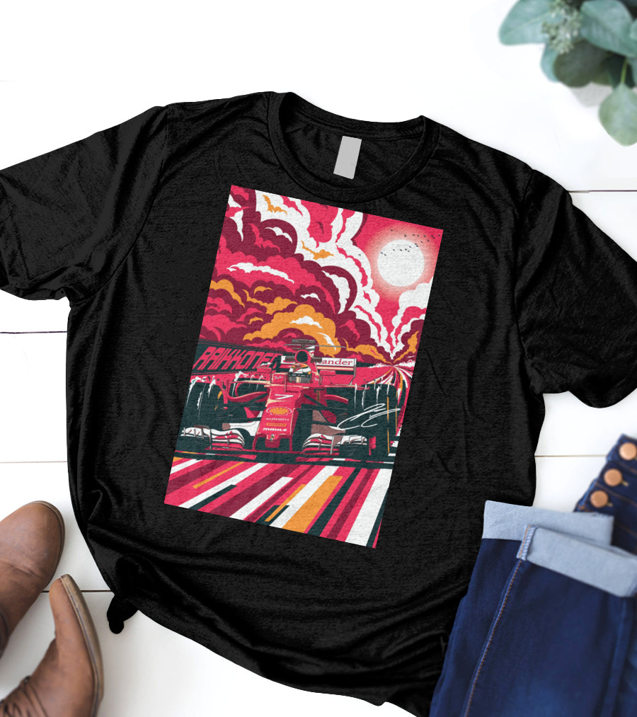 Raikkonen Formula 1 Racing Ferrari F1 Car Sunset Scene T-Shirt