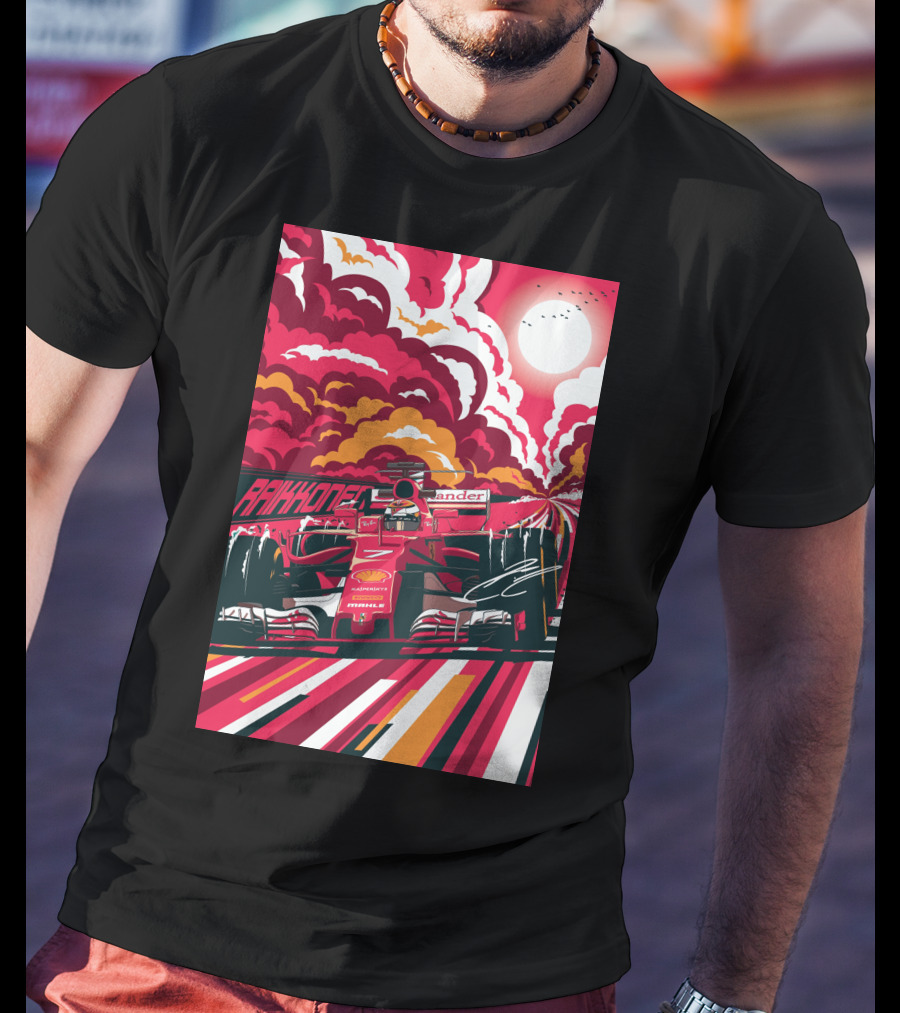 Raikkonen Formula 1 Racing Ferrari F1 Car Sunset Scene T-Shirt