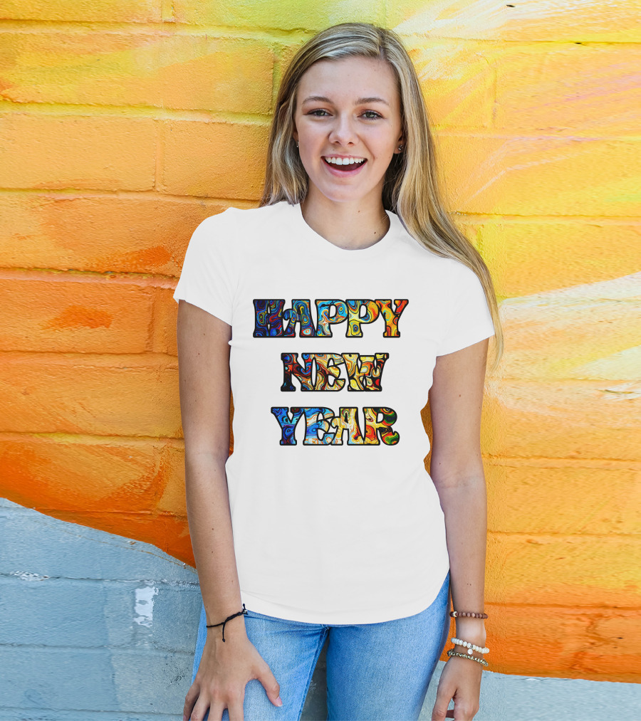 HAPPY NEW YEAR Colorful Abstract Marble T-Shirt