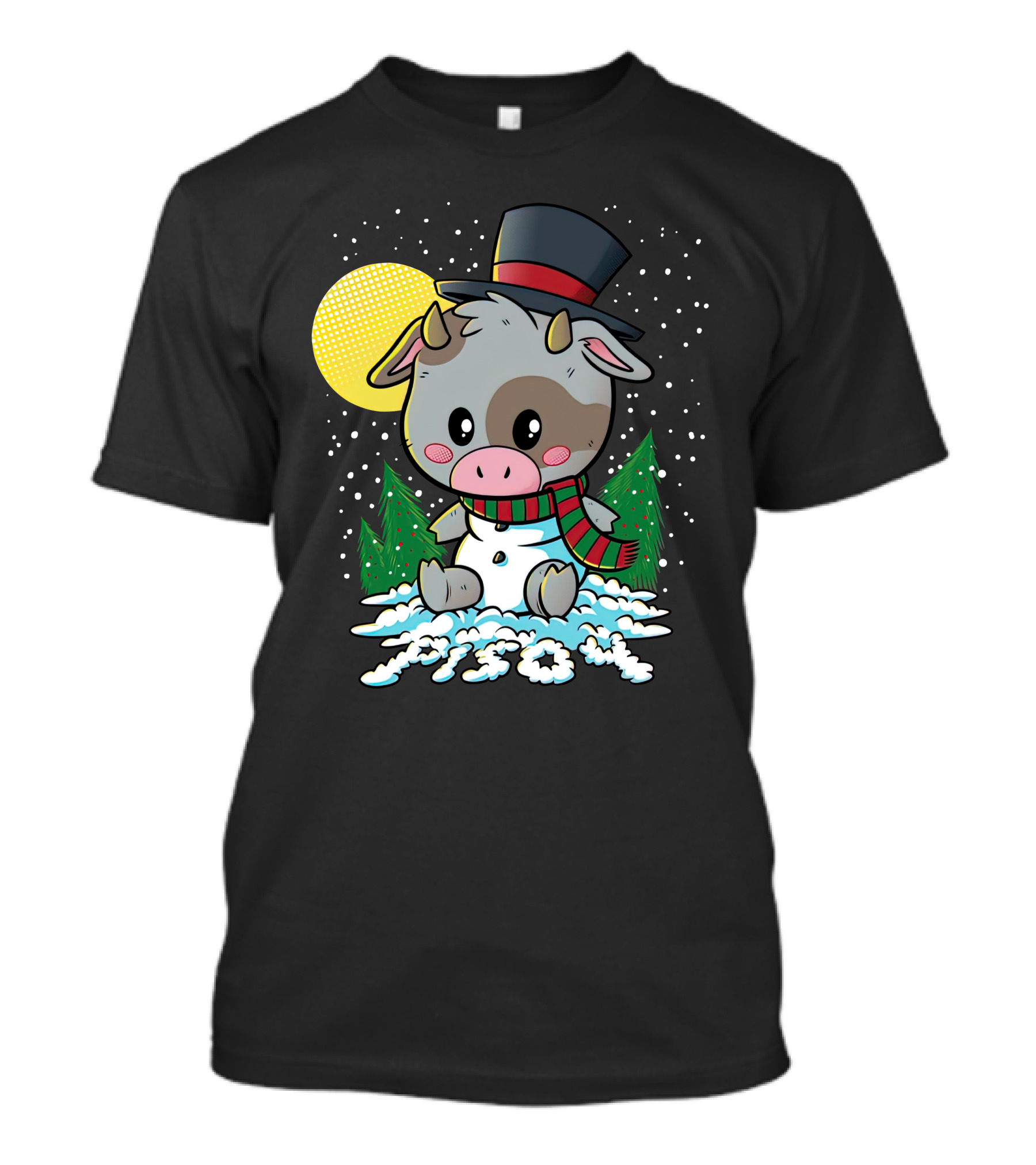 Piso4 Cute Cow In Snow With Top Hat And Scarf Winter Scene T-Shirt