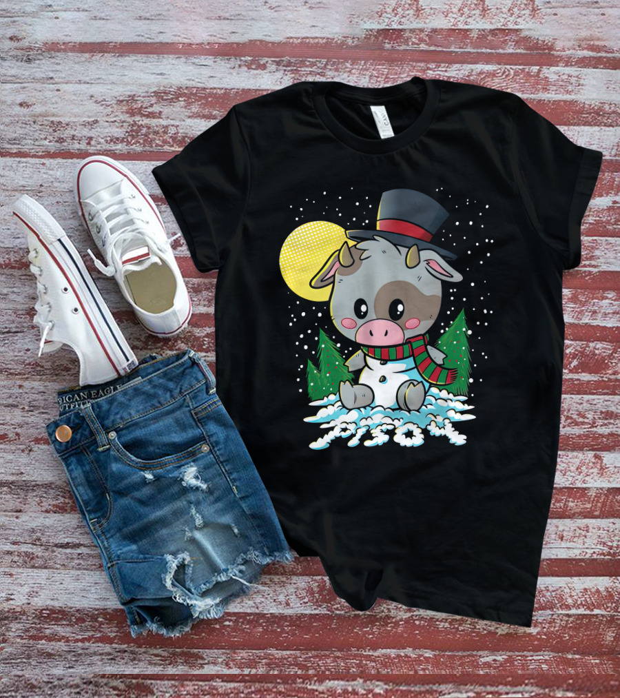 Piso4 Cute Cow In Snow With Top Hat And Scarf Winter Scene T-Shirt