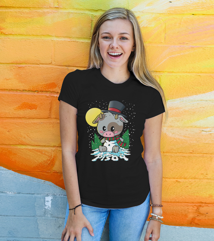 Piso4 Cute Cow In Snow With Top Hat And Scarf Winter Scene T-Shirt