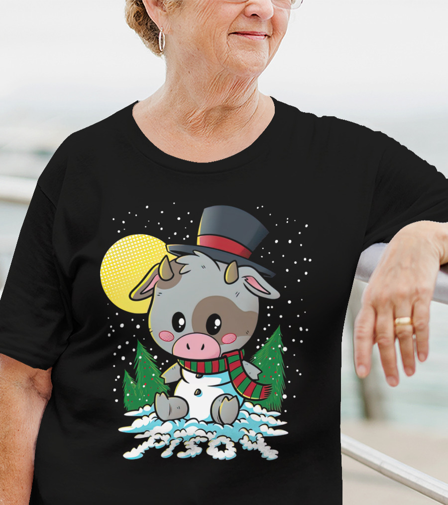 Piso4 Cute Cow In Snow With Top Hat And Scarf Winter Scene T-Shirt