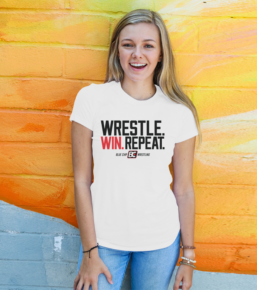 Wrestle Win Repeat Blue Chip BC Wrestling T-Shirt