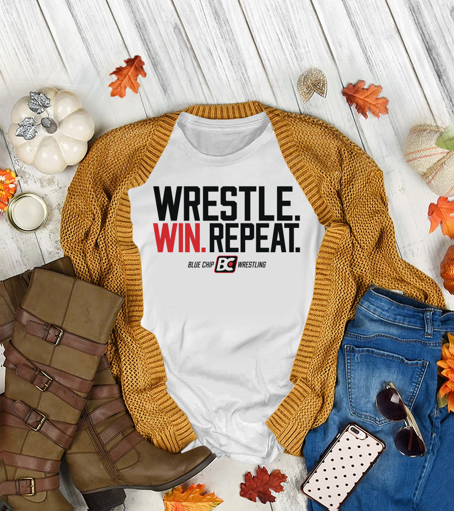 Wrestle Win Repeat Blue Chip BC Wrestling T-Shirt