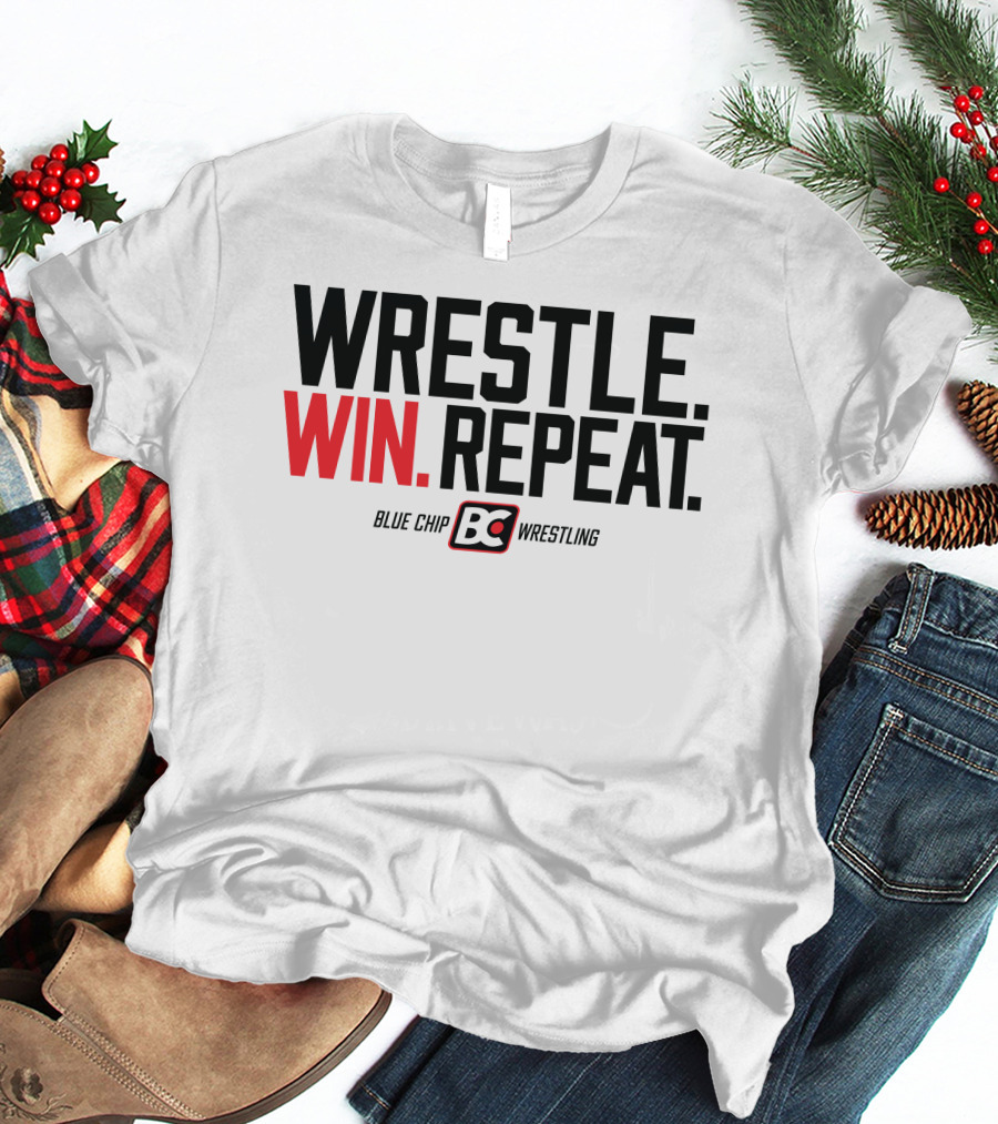 Wrestle Win Repeat Blue Chip BC Wrestling T-Shirt