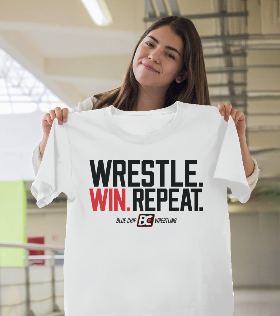 Wrestle Win Repeat Blue Chip BC Wrestling T-Shirt
