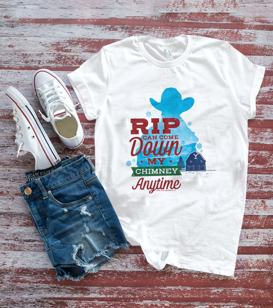 Rip Can Come Down My Chimney Anytime Blue Cowboy Silhouette Snowflakes Barn T-Shirt