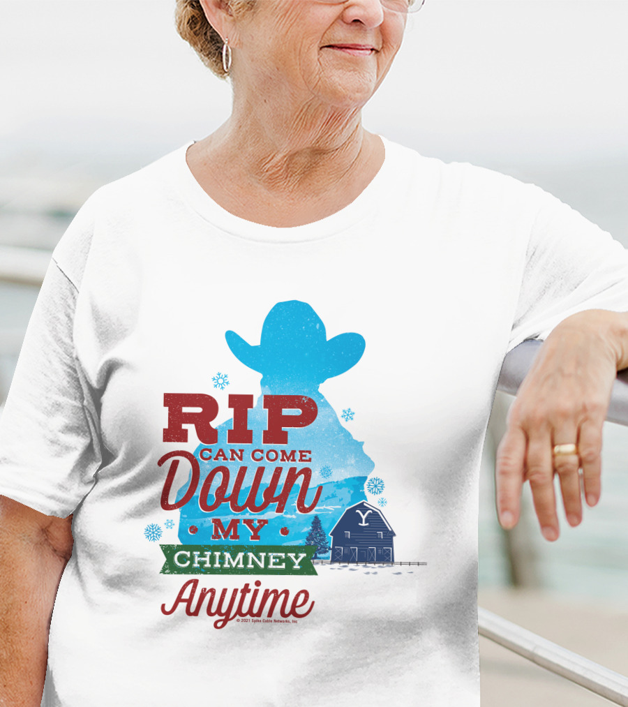 Rip Can Come Down My Chimney Anytime Blue Cowboy Silhouette Snowflakes Barn T-Shirt