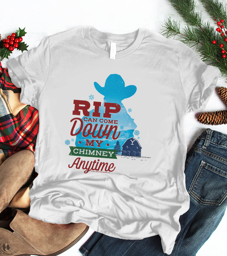 Rip Can Come Down My Chimney Anytime Blue Cowboy Silhouette Snowflakes Barn T-Shirt