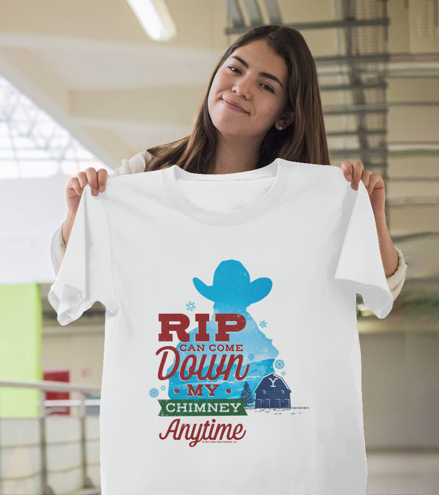 Rip Can Come Down My Chimney Anytime Blue Cowboy Silhouette Snowflakes Barn T-Shirt