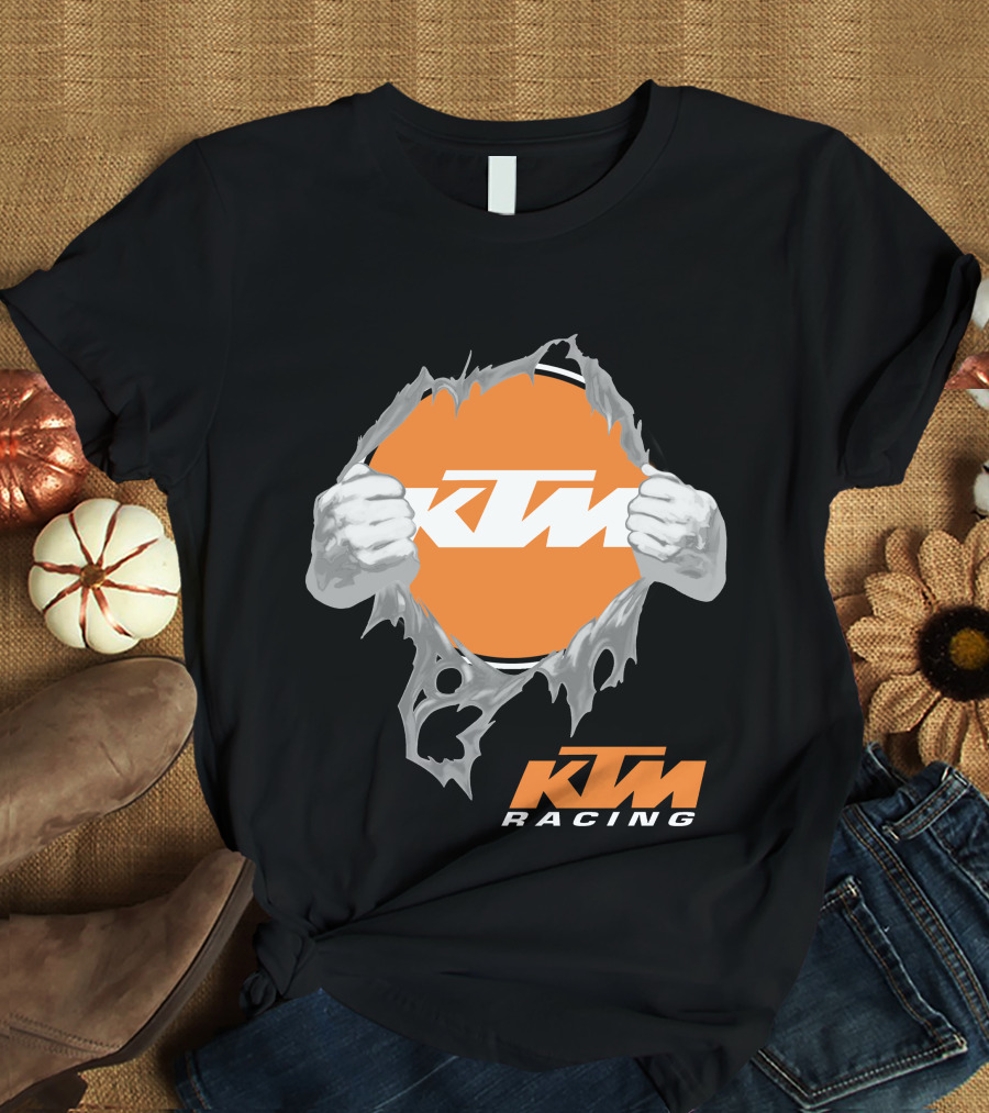 Ktm Racing Logo With Hands Ripping Through Orange T-Shirt