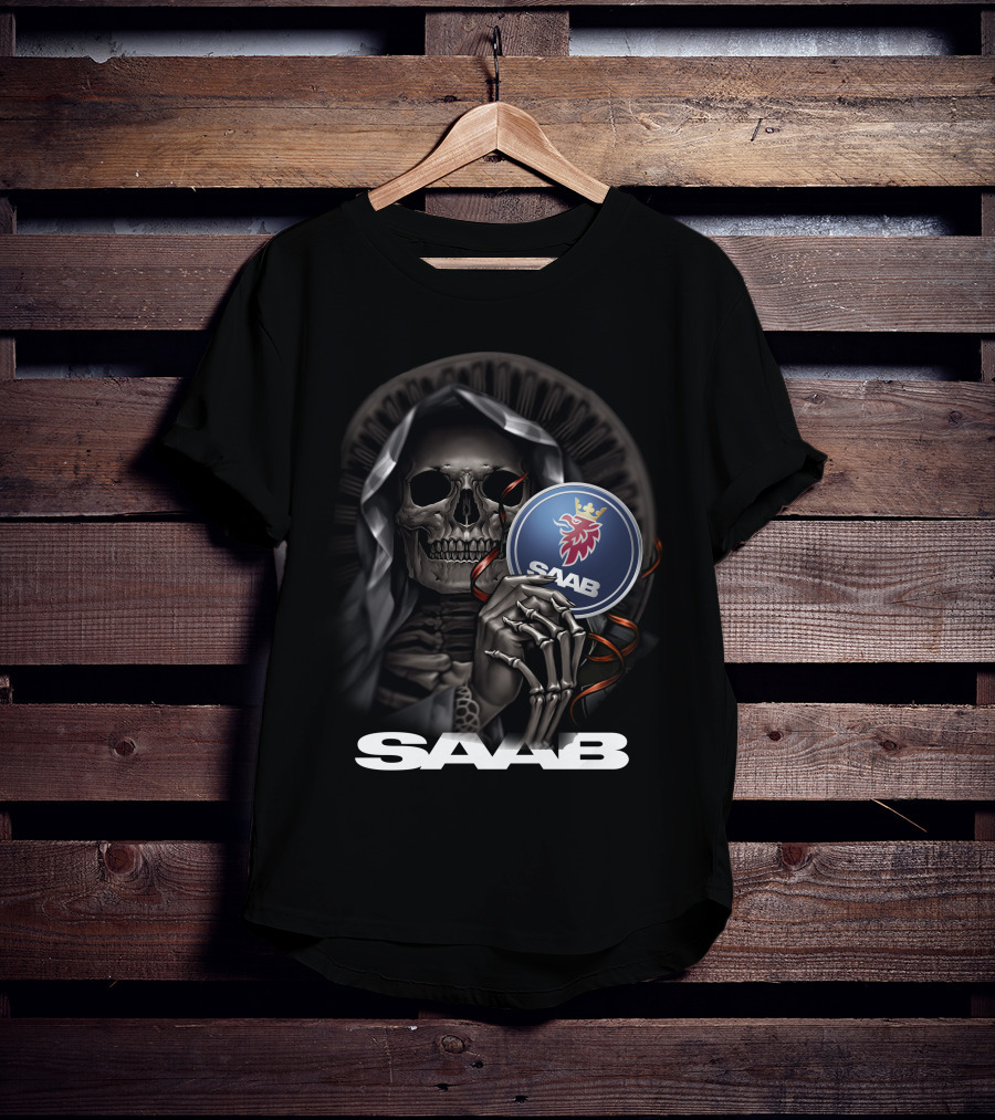 Saab Skull Holding Emblem With Hooded Figure And Crowned Griffin T-Shirt