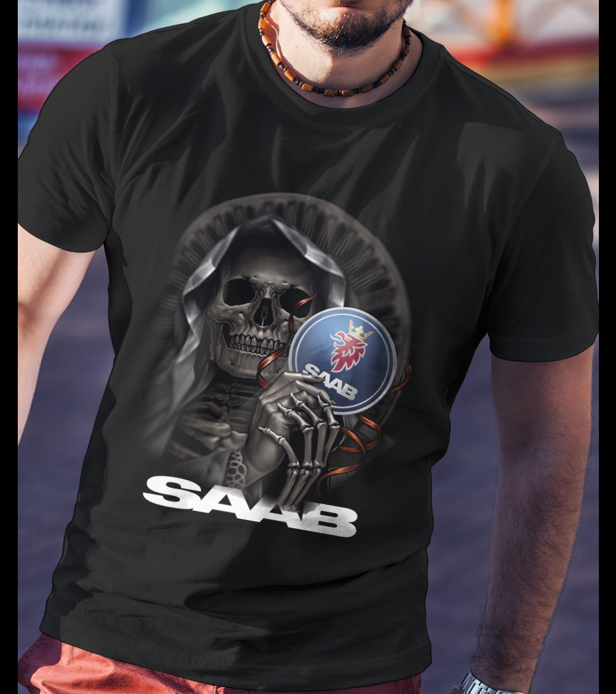 Saab Skull Holding Emblem With Hooded Figure And Crowned Griffin T-Shirt