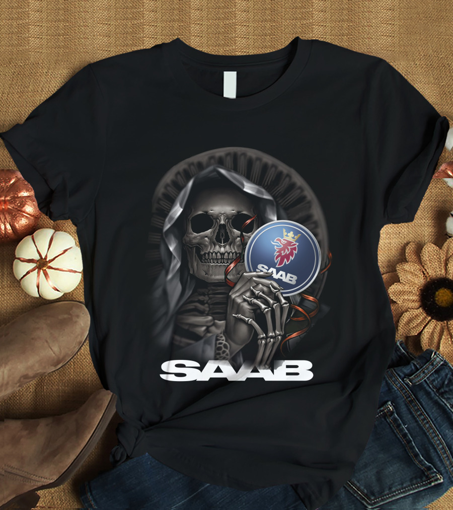 Saab Skull Holding Emblem With Hooded Figure And Crowned Griffin T-Shirt