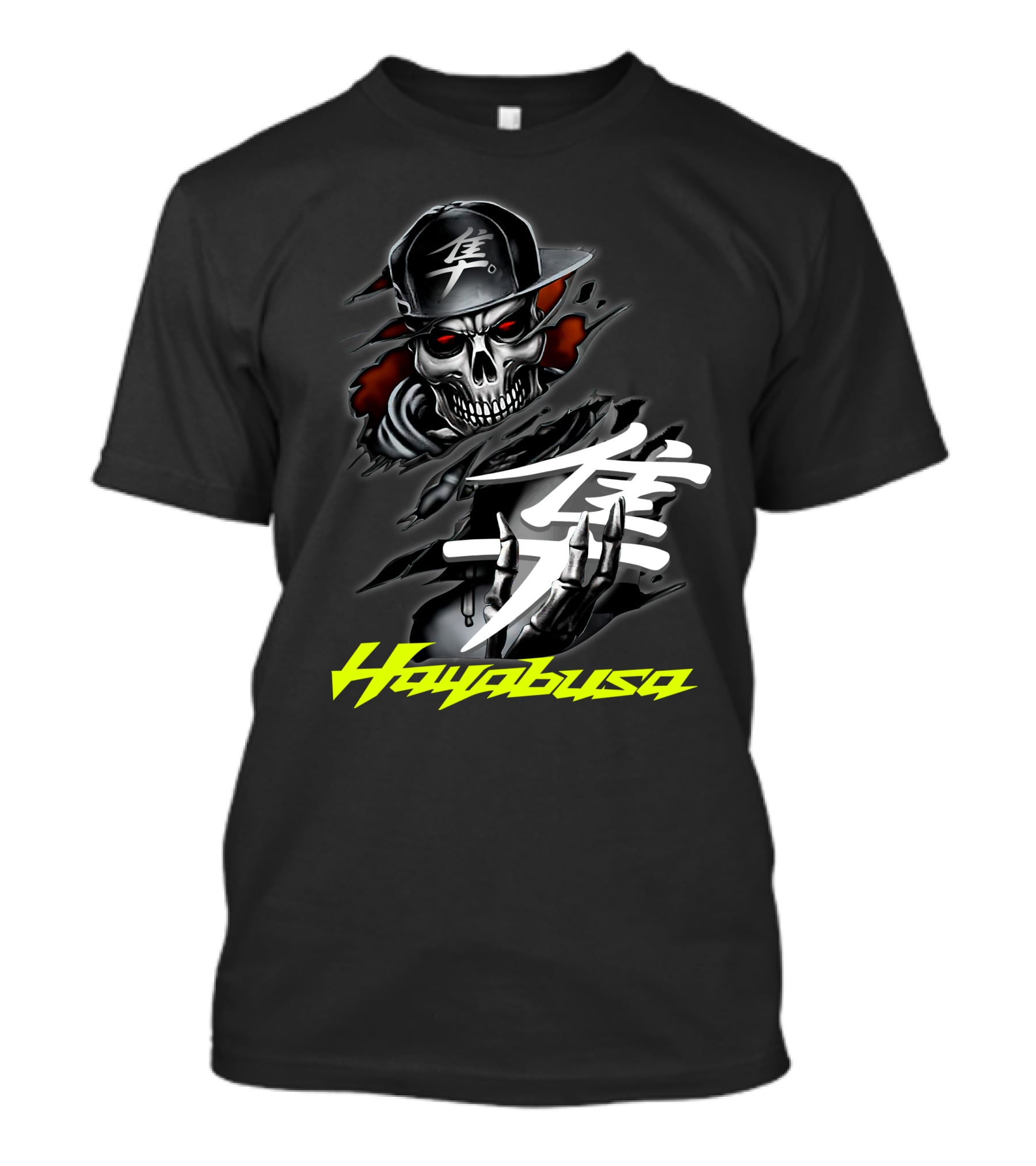 Hayabusa Skeleton In Cap With Kanji Symbol And Claws T-Shirt