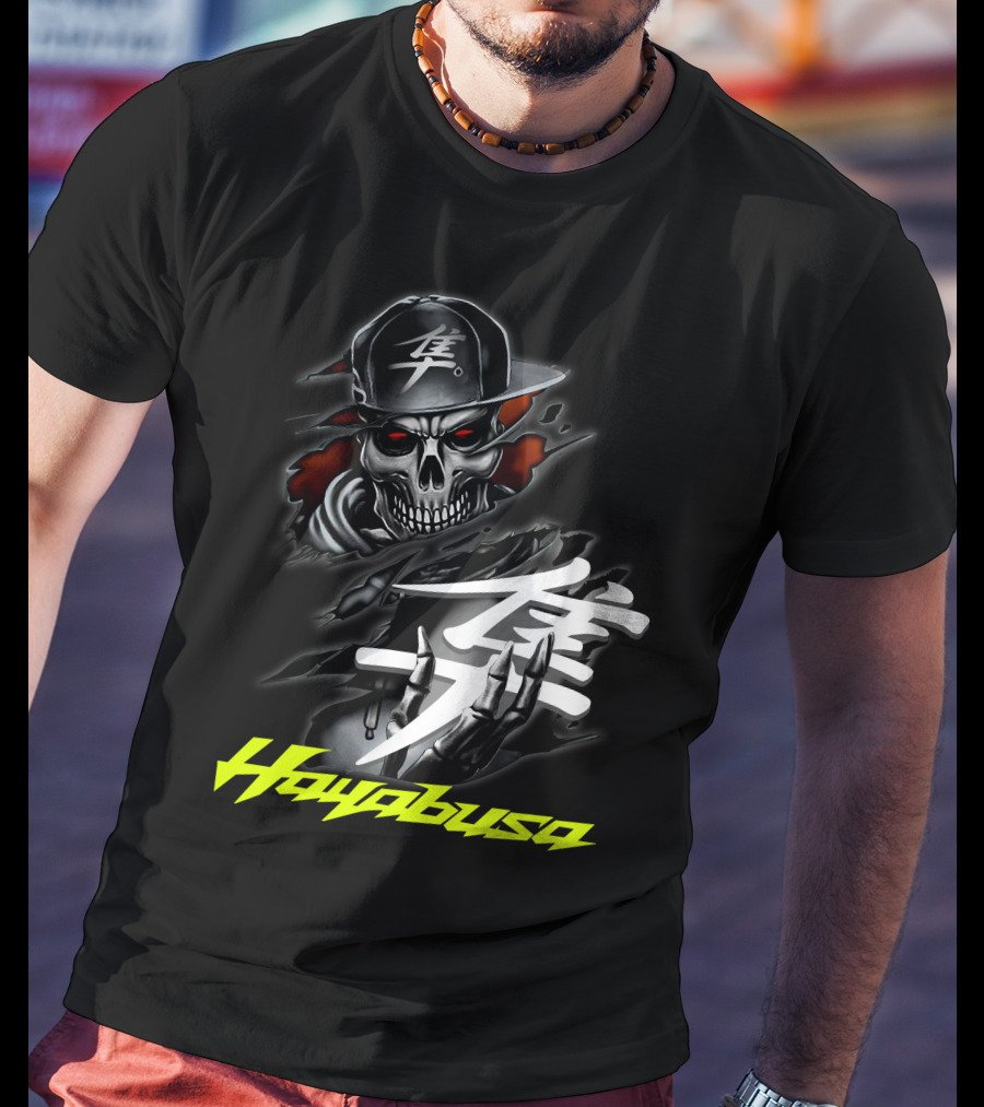 Hayabusa Skeleton In Cap With Kanji Symbol And Claws T-Shirt