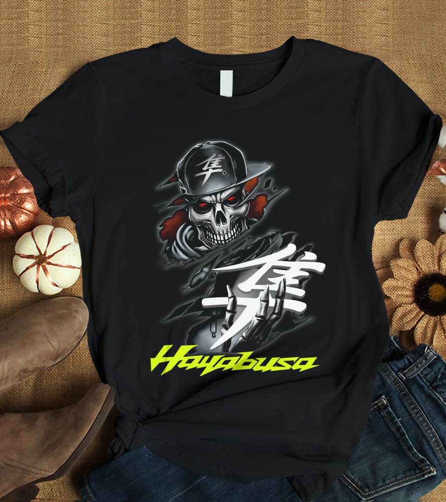 Hayabusa Skeleton In Cap With Kanji Symbol And Claws T-Shirt
