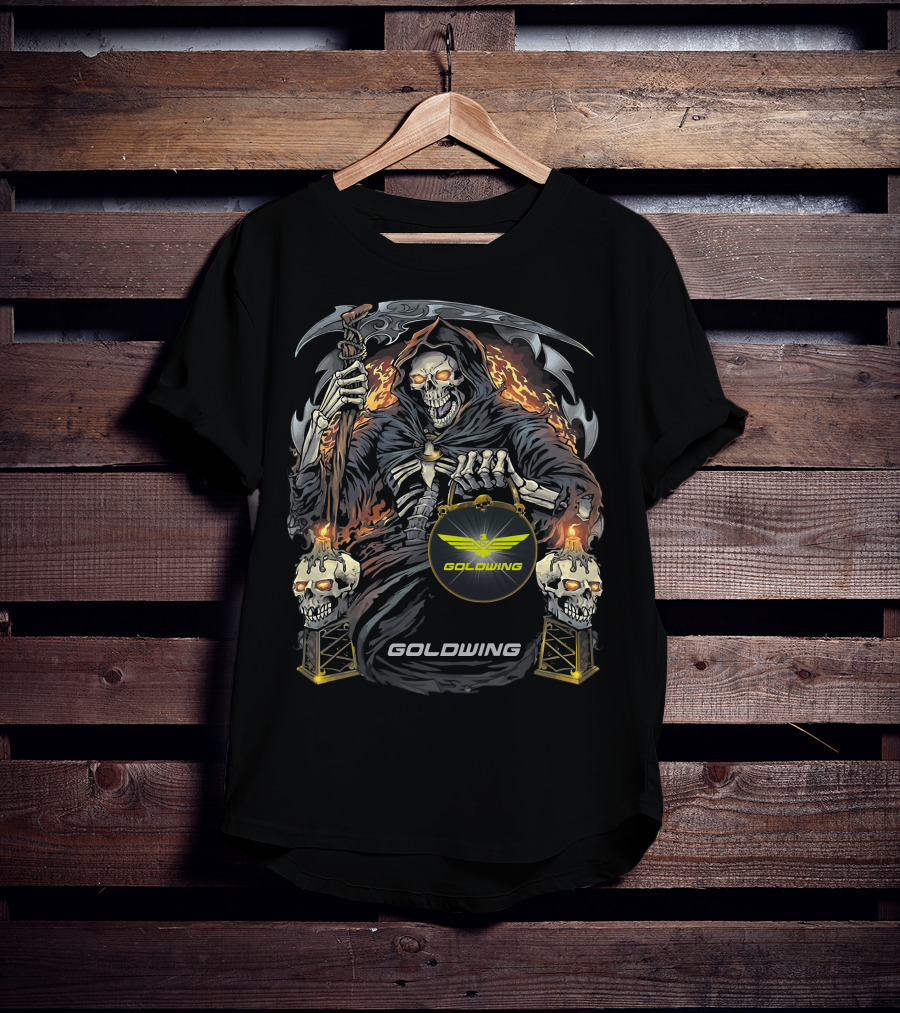 Goldwing Grim Reaper Holding Lantern With Flaming Skulls T-Shirt